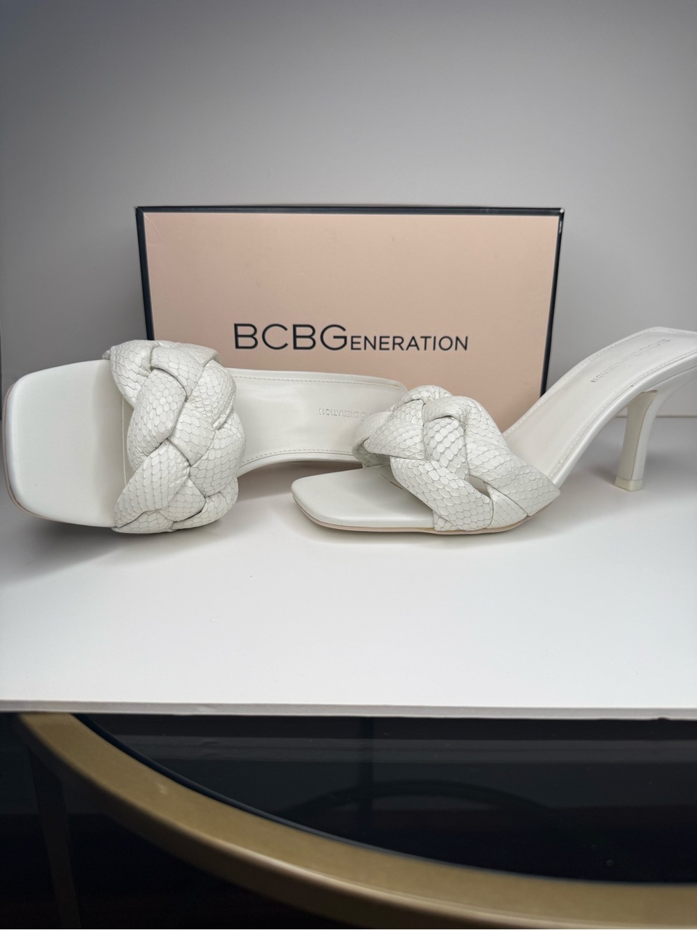 New - Never Worn BCBGeneration White Braided Embossed Python Leather Mules 10/41